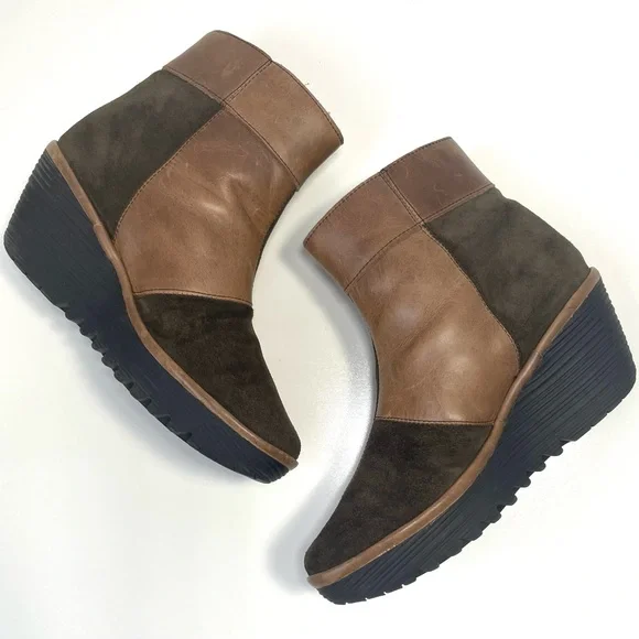 Fly London Yime Two-Tone Brown and Tan Patchwork Wedge Boots Size 39EU/8.5US - Picture 10 of 15